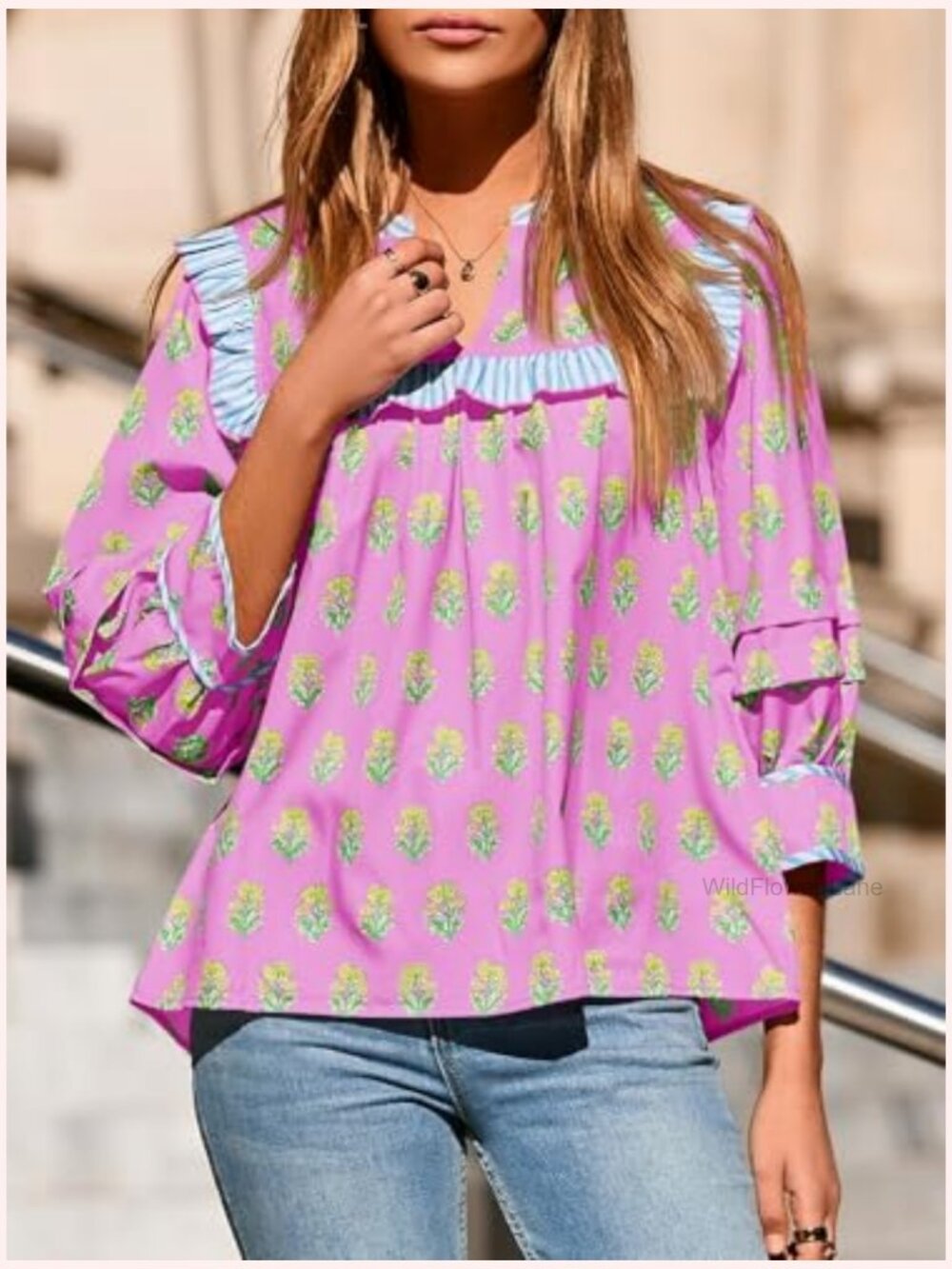 Floral Babydoll Blouse Puff Sleeve Peplum Top V Neck Boho Cute Blouse - Picture 5 of 7